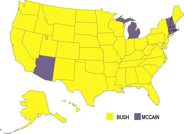 Bản đồ bầu cử của Mcain và Bush trong cuộc tranh đấu giành quyền chạy đua cho chức Tổng thống Đảng Cộng hòa