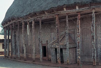 Ancient Bamileke architecture, depicting impressive wooden structures. Remnants of Bamileke civilisation