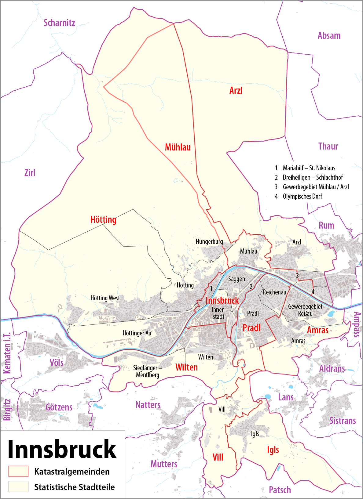 Karte Innsbruck - Katastralgemeinden und Statistische Stadtteile.png