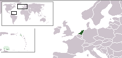 ที่ตั้งของ ราชอาณาจักรเนเธอร์แลนด์  (dark green) – in Europe  (green & dark gray) – in the European Union  (green)  —  [คำอธิบายสัญลักษณ์]