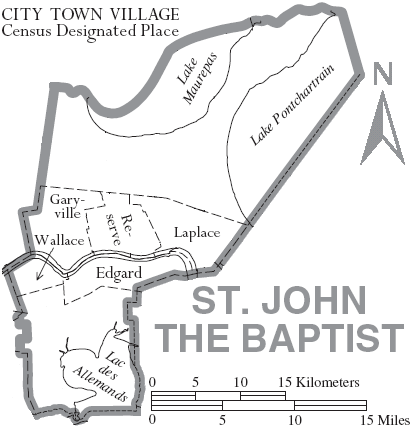 Map of St. John the Baptist Parish, Louisiana With Municipal Labels