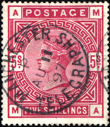 File:British 5s postage stamp used telegraphically Manchester 1897.JPG