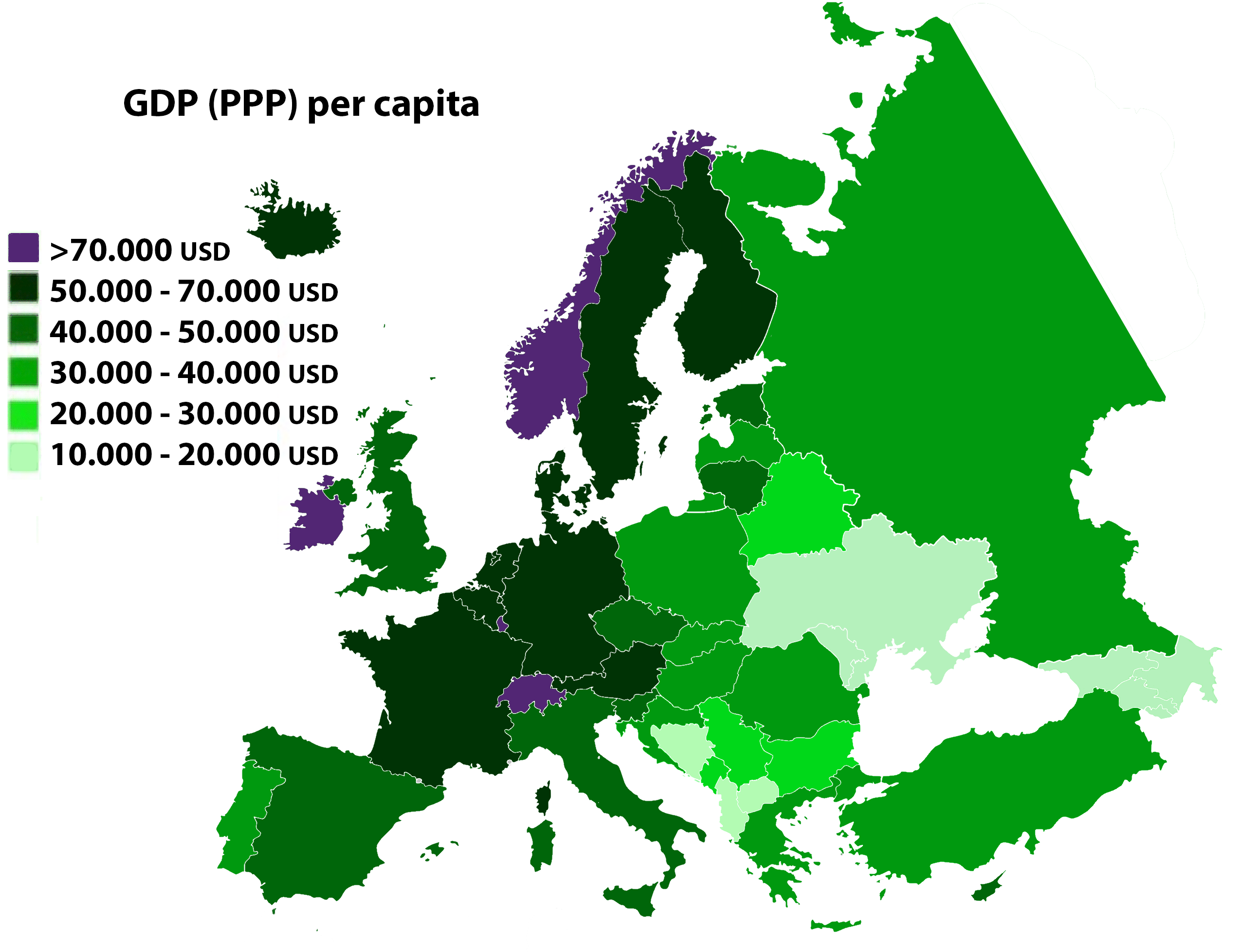 Bruto nationaal inkomen per hoofd van de bevolking per land in Europa in 2005.