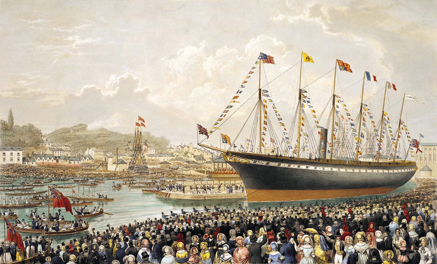 A crowd of people watch a large black and red ship with one funnel and six masts adorned with flags