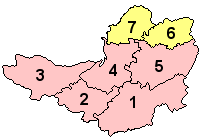 Somerset haritası. Kuzey Somerset ve Bath ve Kuzey Doğu Somerset sarı renkte gösterilirken, diğer bölgeler pembe renktedir.