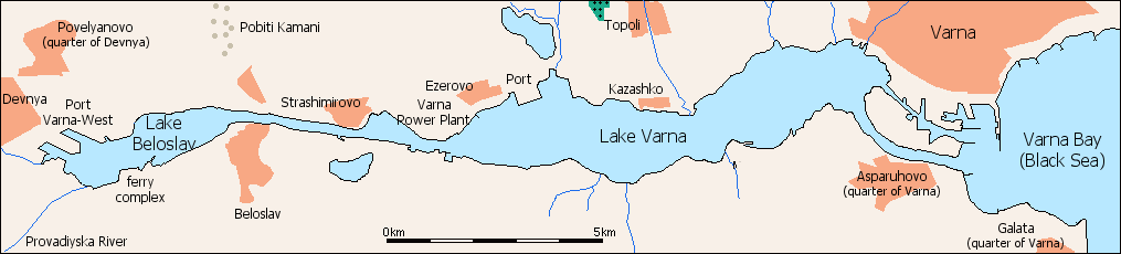 Mappa del lago di Varna e dell'area circostante..