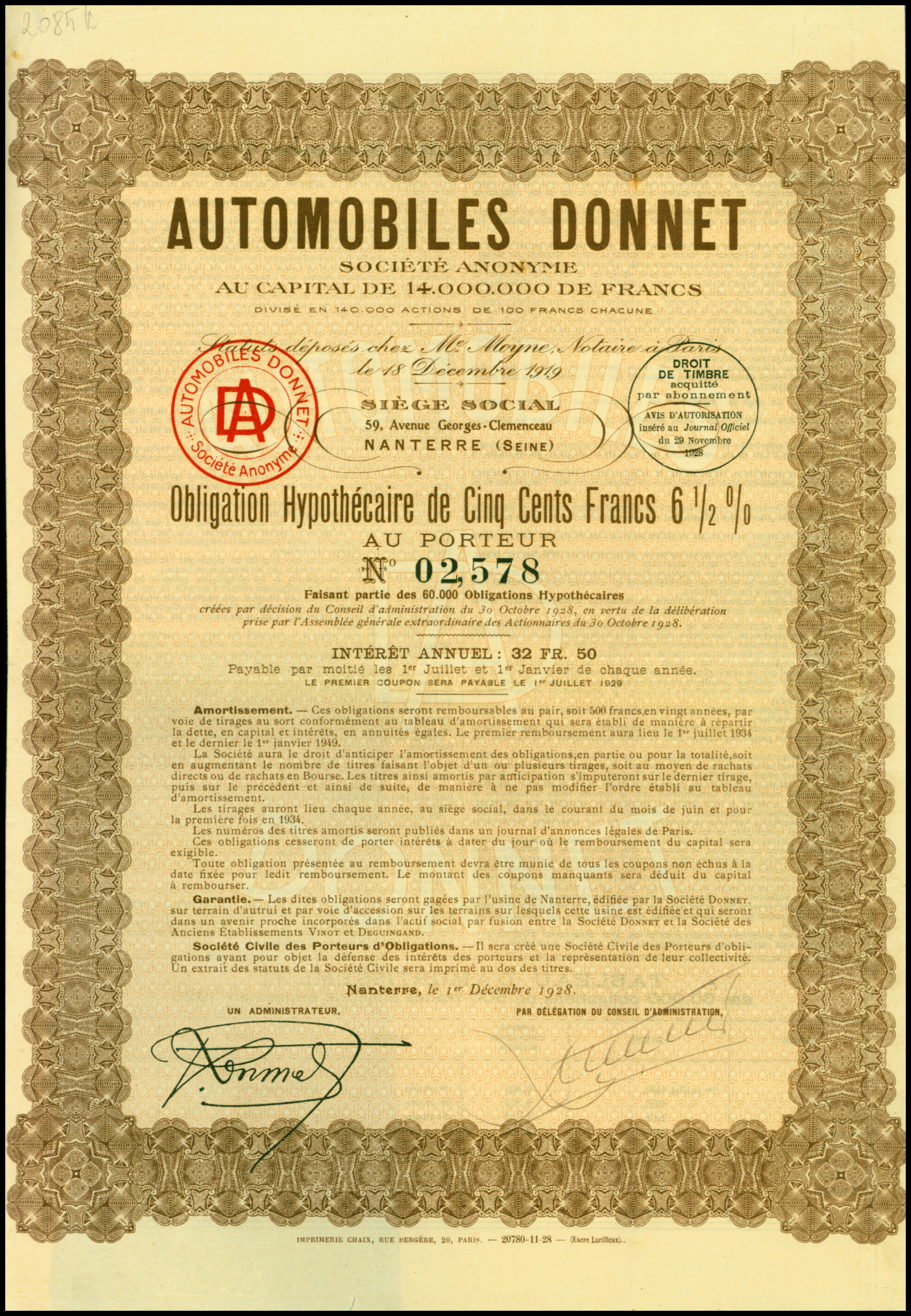 Bond of the Automobiles Donnet SA, issued 1. December 1928