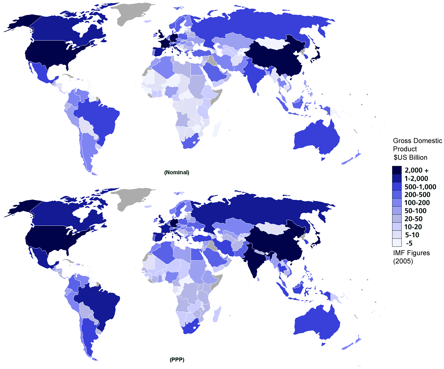 gdp nominal and ppp world map single colour