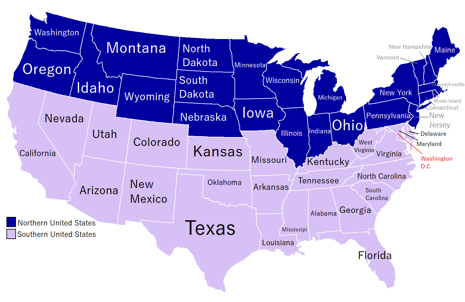 Northern and Southern States on United States of America Map.png. 