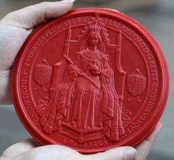 The Great Seal of Scotland under Elizabeth II in red beeswax. The Great Seal of Scotland under HM Elizabeth II.jpg