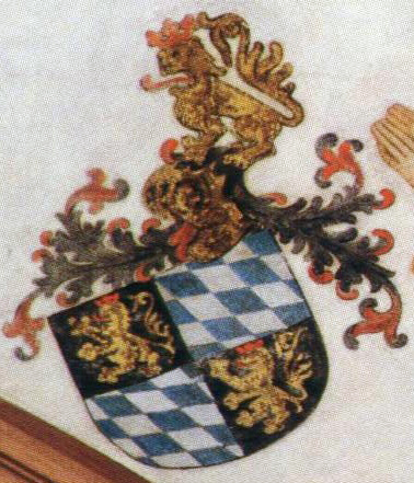 Wappen der Kurpfalz, mit Helm und Pfälzer Löwen als Helmzier; Stiftskirche (Neustadt an der Weinstraße), um 1420