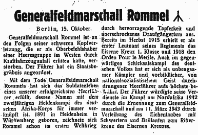 The official announcement of Erwin Rommel's death by the Nazi newspaper Bozner Tagblatt, 16 October 1944
