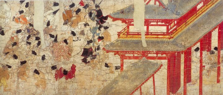 Expressive painting of a communal crowd, Ban Dainagon Ekotoba, late 12th century