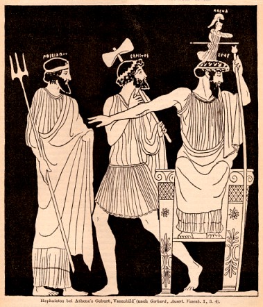 Illustration of an ancient Greek vase. There is a seated figure with a small figure on top of his head. He is reaching out. Another figure looks at his head and is holding an axe.