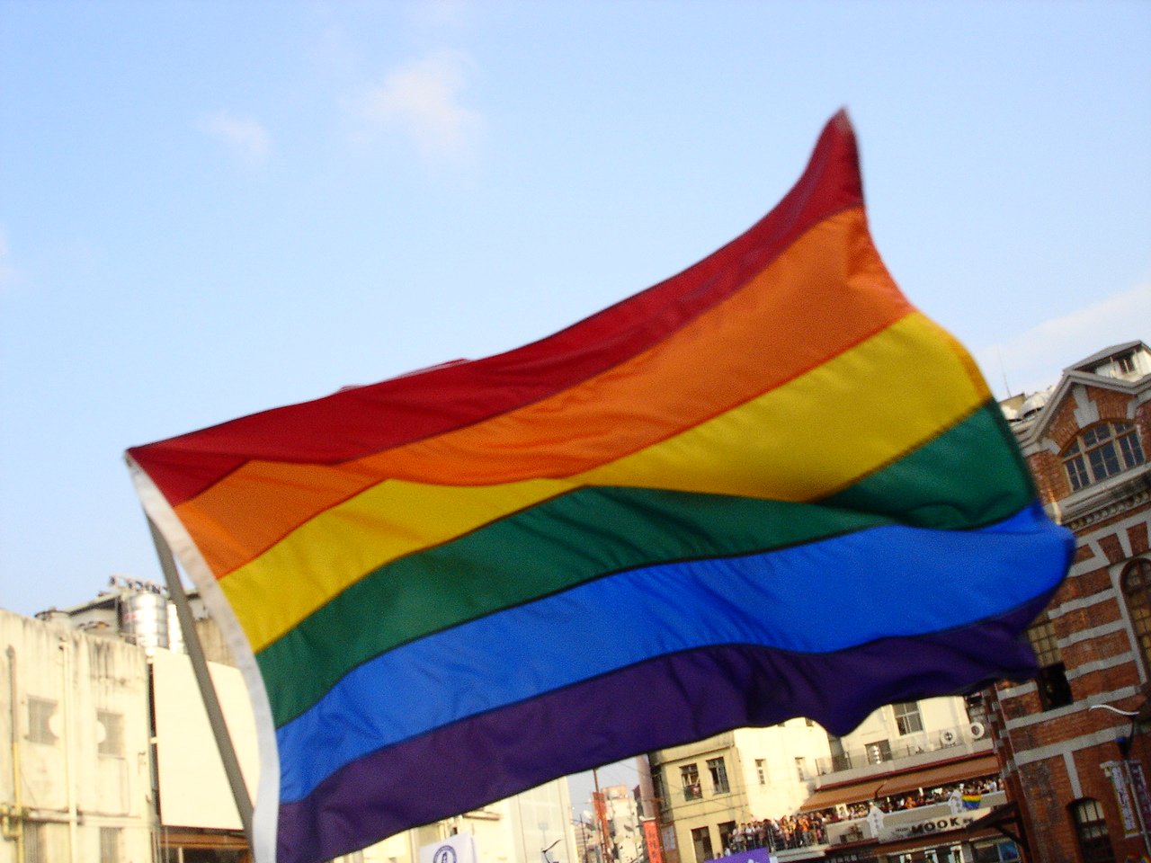 This is a Creative Commons image with the title File:Flying rainbow flag at Taiwan Pride 20041106