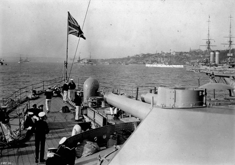 File:Looking aft on HMS Russell at the Quebec Tercentenary 1908 LAC 3361845.jpg
