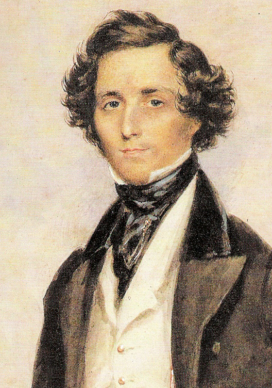 акварельный портрет на пустом фоне молодого человека с тёмными, вьющимися волосами, лицом к зрителю: одетого в модную одежду 1830-х годов, тёмный пиджак с бархатным воротником, чёрный шёлковый галстук, высокий воротник, белый жилет