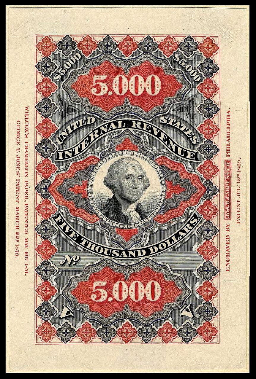 $5,000 Documentary Second Issue revenue stamp trial color essay
