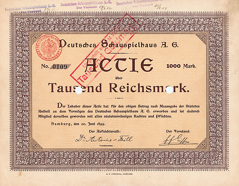 Aktie über 1000 Mark der Deutsche Schauspielhaus AG vom 20. Juni 1899