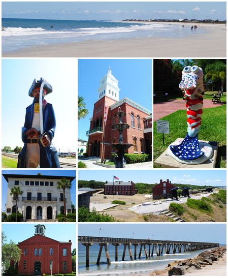 Images from top, left to right: Beach, statue of a pirate (the mascot of Fernandina Beach High School), Nassau County Courthouse (Florida), shrimp statue (representing the annual Shrimp Festival), United States Post Office, Custom House, and Courthouse (Fernandina, Florida, 1912), Fort Clinch, Old School House, Fort Clinch Pier