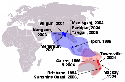 Locations of henipavirus outbreaks (red stars–Hendra virus; blue stars–Nipah virus) and distribution of henipavirus flying fox reservoirs (red shading–Hendra virus; blue shading–Nipah virus)