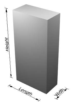 A cuboid demonstrating the dimensions length, width, and height.