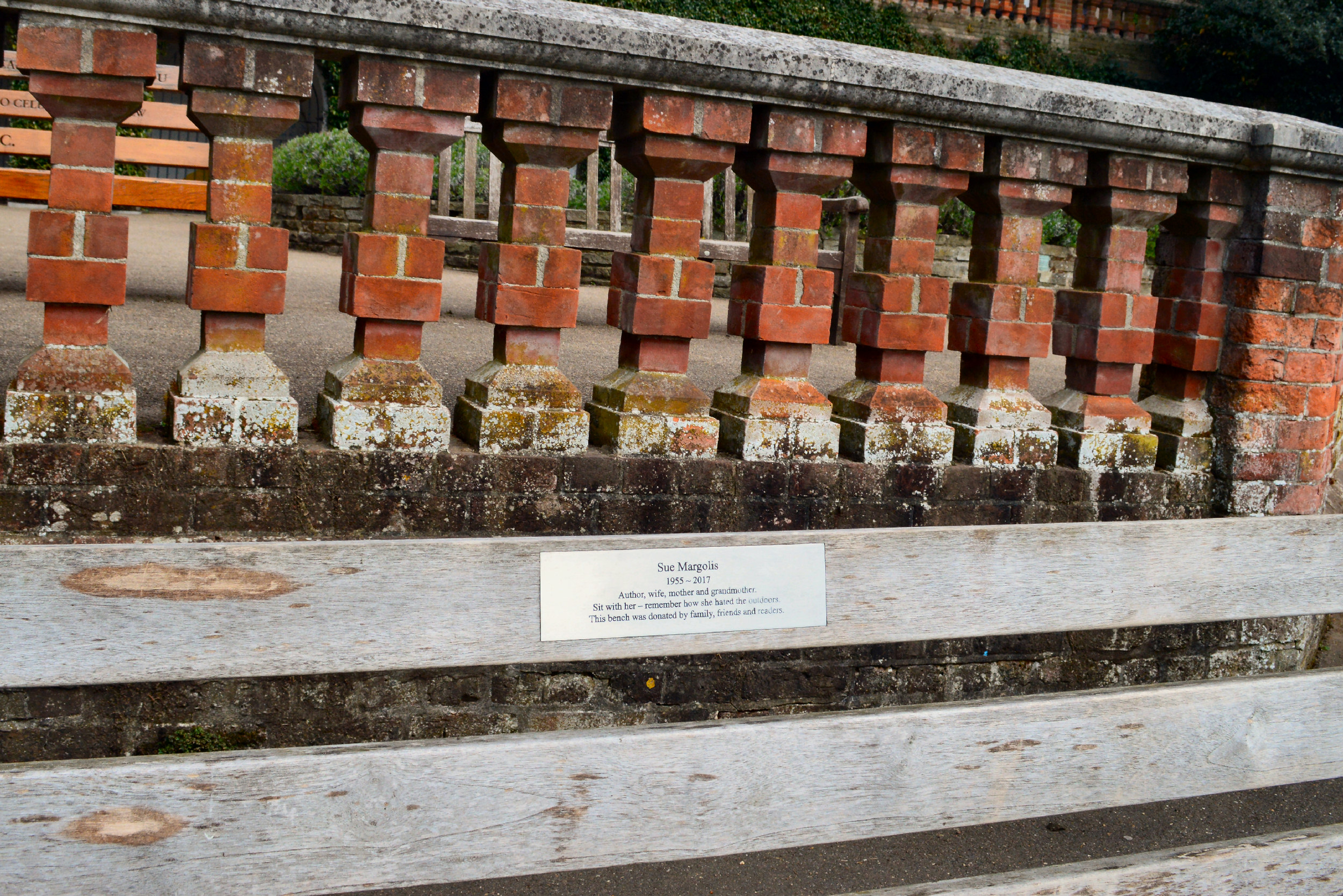 Memorial bench for Sue Margolis at Terrace Gardens, [[Richmond, London