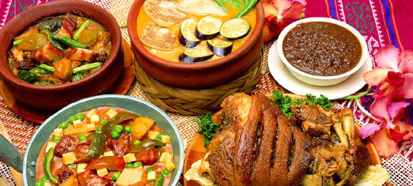 Filipino cuisine is composed of the cuisines of more than a hundred distinct ethnolinguistic groups found throughout the Philippine archipelago. A majority of mainstream Filipino dishes that compose Filipino cuisine are from the food traditions of various ethnolinguistic groups and tribes of the archipelago, including the Ilocano, Pangasinan, Kapampangan, Tagalog, Bicolano, Visayan, Chavacano and Maranao ethnolinguistic groups. The dishes associated with these groups evolved over the centuries from a largely indigenous (largely Austronesian) base shared with maritime Southeast Asia with varied influences from Chinese, Spanish and American cuisines, in line with the major waves of influence that had enriched the cultures of the archipelago and adapted using indigenous ingredients to meet local preferences.Dishes range from the very simple meal of fried salted fish and rice to curries, paellas, and cozidos of Iberian origin made for fiestas. Popular dishes include lechón (whole roasted pig), longganisa (Philippine sausage), tapa (cured beef), torta (omelette), adobo (vinegar and soy sauce-based stew ), kaldereta (meat stewed in tomato sauce and liver paste), mechado (larded beef in soy and tomato sauce), pochero (beef and bananas in tomato sauce), afritada (chicken or beef and vegetables simmered in tomato sauce), kare-kare (oxtail and vegetables cooked in peanut sauce), pinakbet (kabocha squash, eggplant, beans, okra, bitter melon, and tomato stew flavored with shrimp paste), sinigang (meat or seafood with vegetables in sour broth), pancit (noodles), and lumpia (fresh or fried spring rolls).