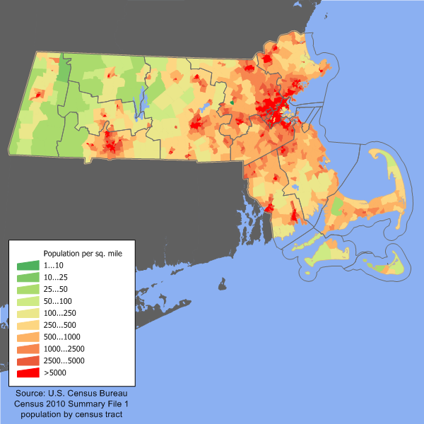 Massachusetts population density map. The centers of high-density settlement, from east to west, are Boston, Worcester, Springfield, and Pittsfield, respectively.