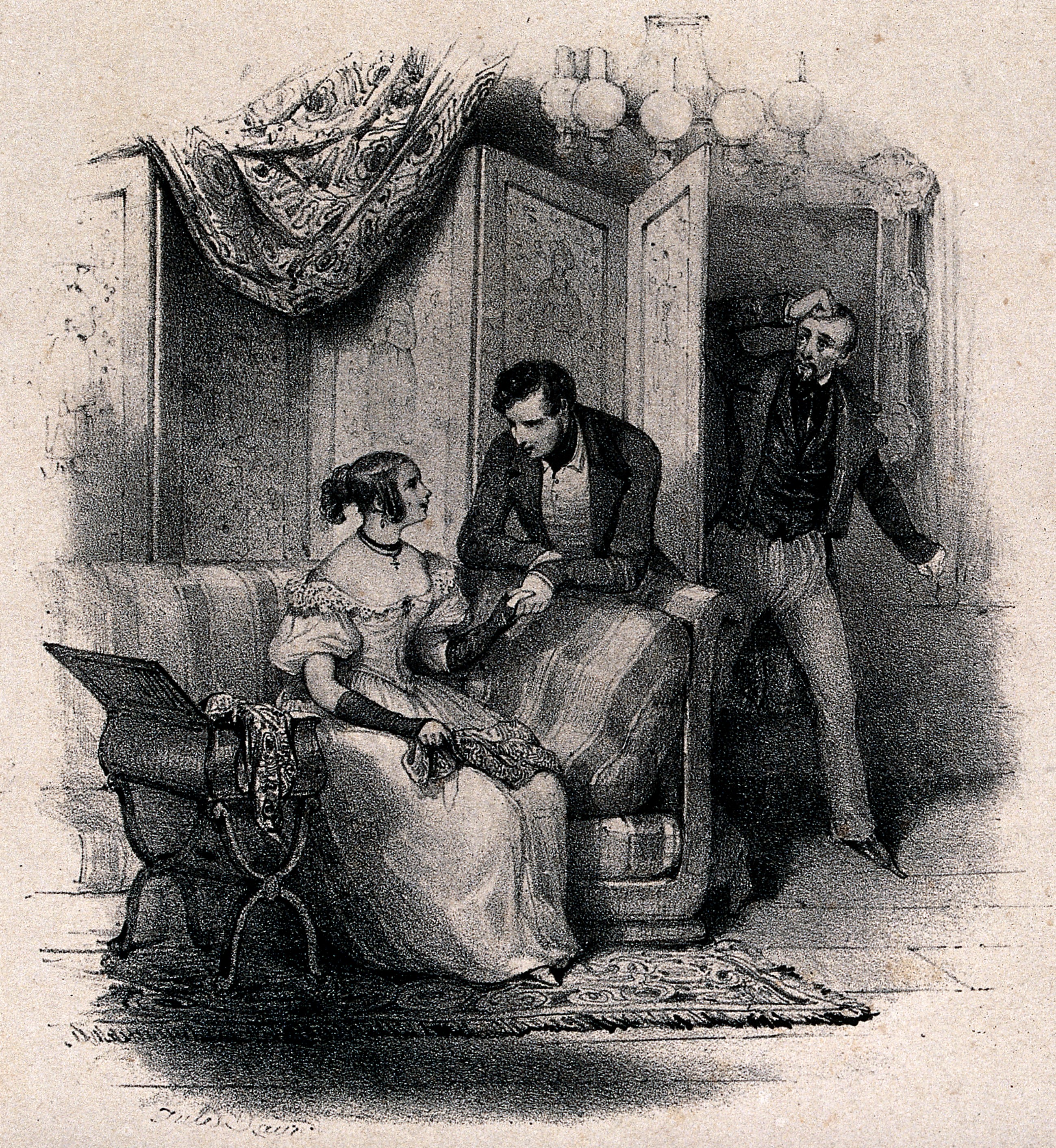 https://upload.wikimedia.org/wikipedia/commons/8/8a/A_young_woman_sits_on_a_sofa_talking_to_a_young_man_who_is_l_Wellcome_V0039054.jpg