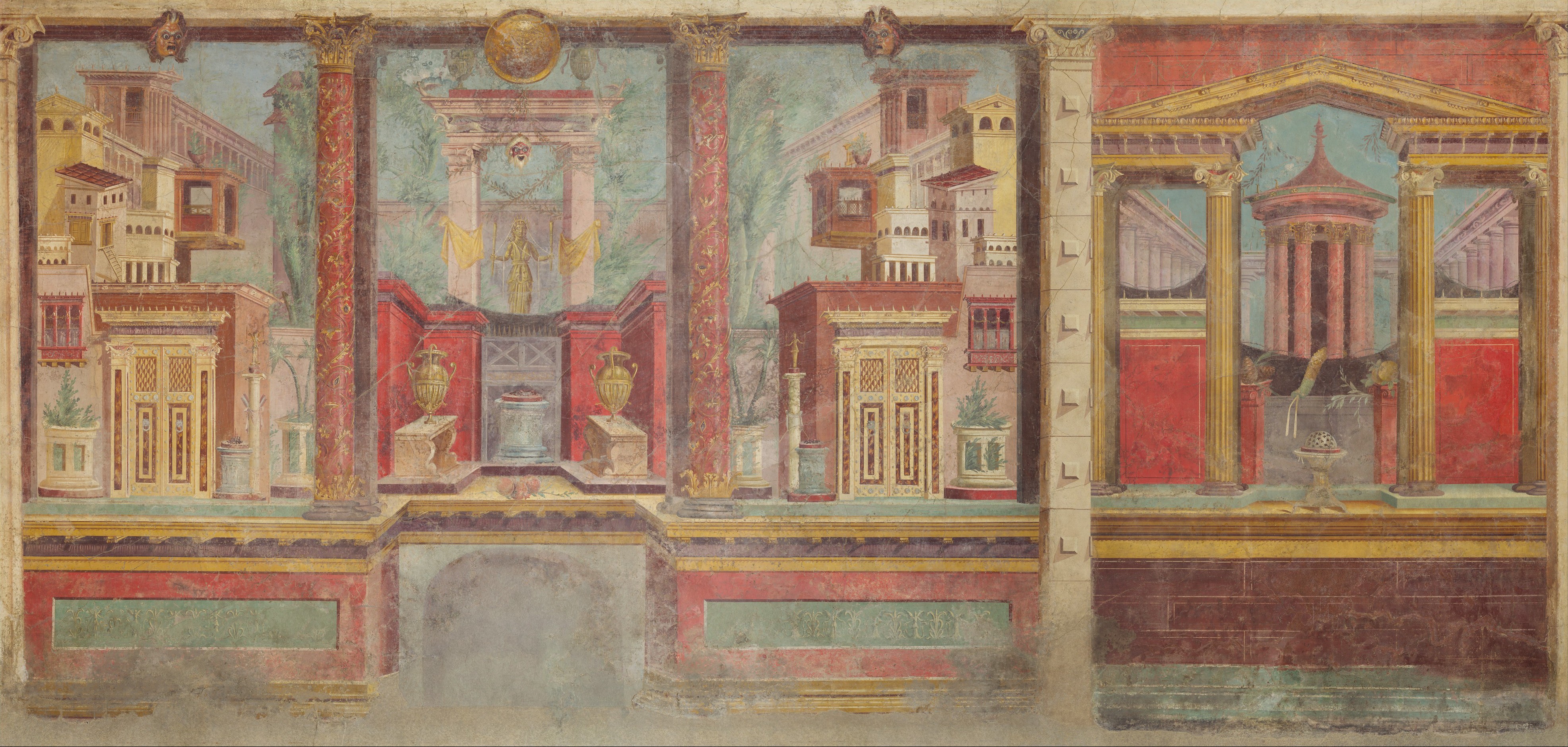 Cubiculum (bedroom) in Villa of P. Fannius Synistor at Boscoreale: wall painting of a city and temple. 