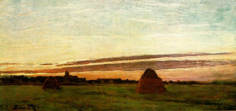 File:Haystacks at Chailly at Sunrise, 1865, oil on canvas, 11 7-8 x 23 3-4 inches (30 x 60 cm), San Diego Museum of Art.jpg