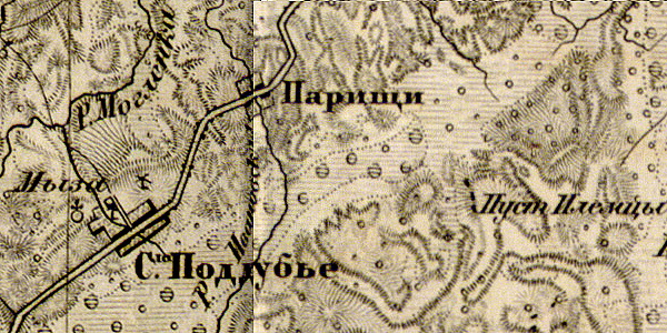 Село Поддубье на карте 1863 года