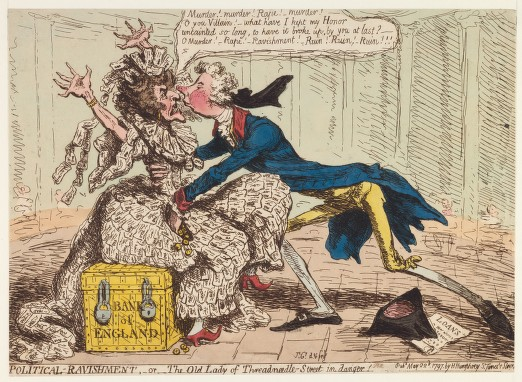 Political Ravishment, or the Old Lady of Threadneedle Street in Danger! Cartoon by James Gillray