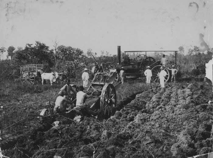 Fieldworkers with an ox cart and steam plow