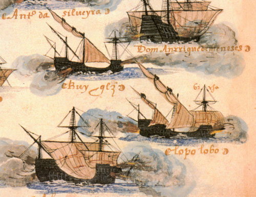 Square-rigged caravels fighting and escorting naus in India Armadas