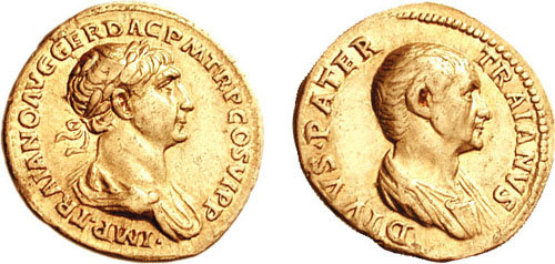 Gold aureus of Trajan depicting him alongside his namesake father, 115 AD