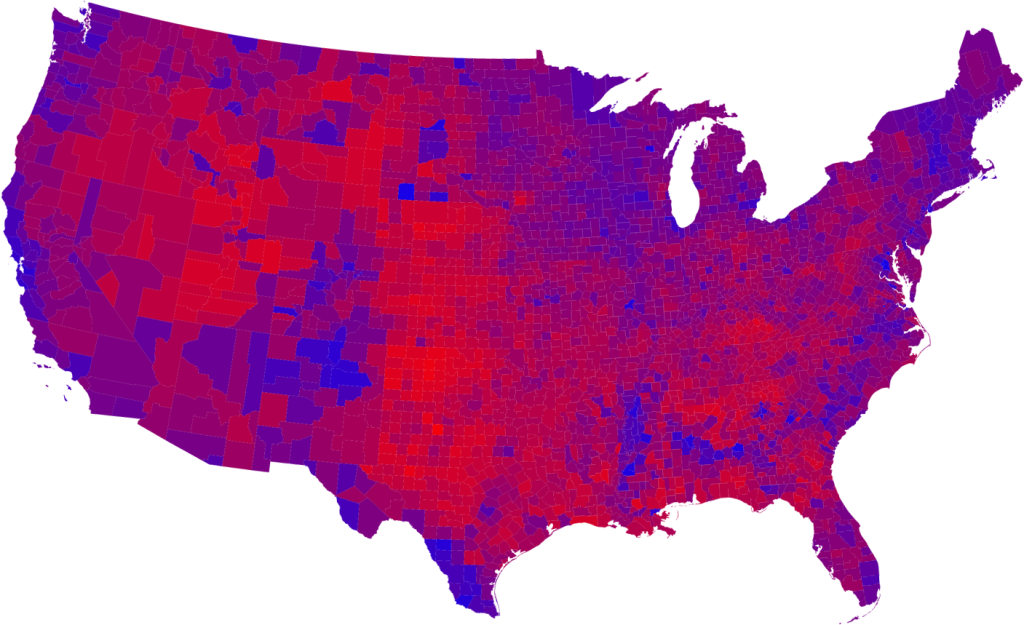 County by County Election Results on a Purple America Map from Wikipedia