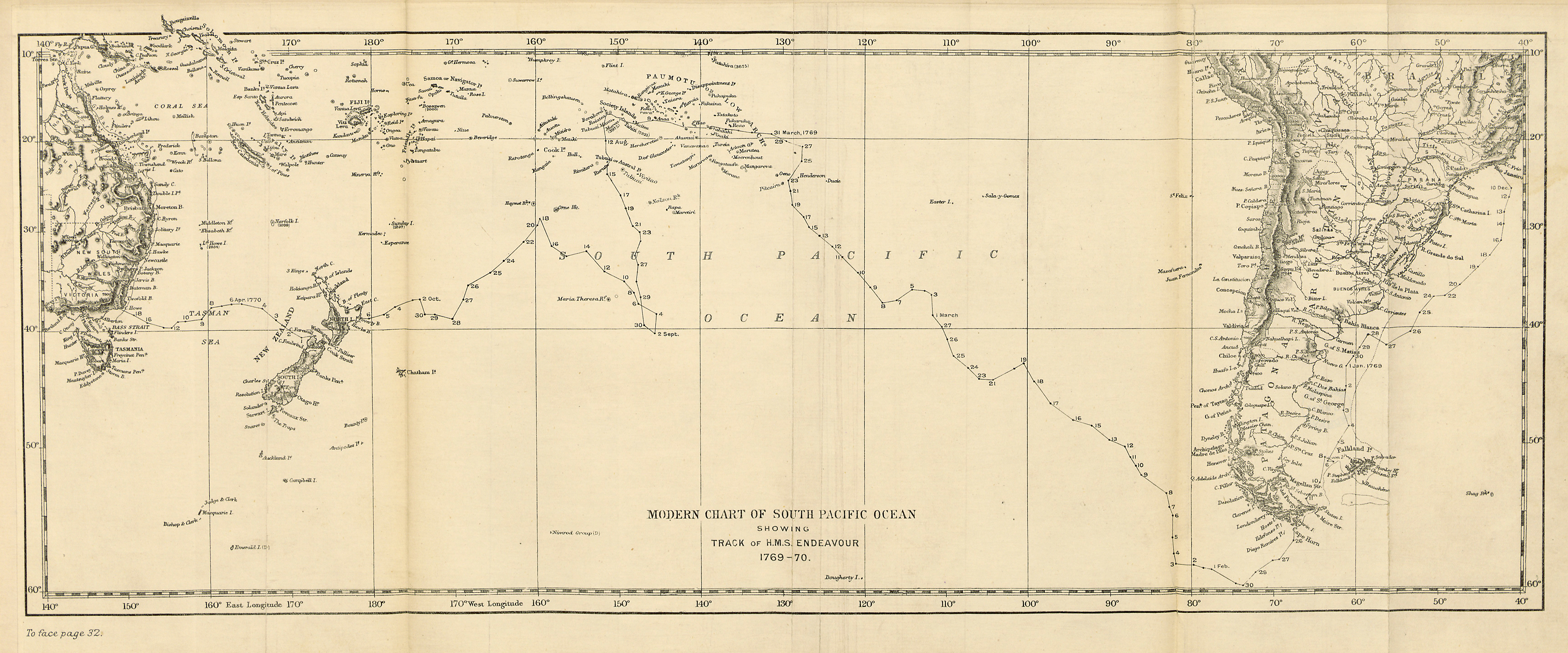 Fold-out map entitled "Modern chart of South Pacific Ocean showing track of H.M.S. Endeavour 1769–70"