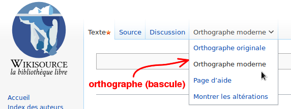 Choix de la modernisation ou de l'orthographe originale, bascule dans la barre d'onglets