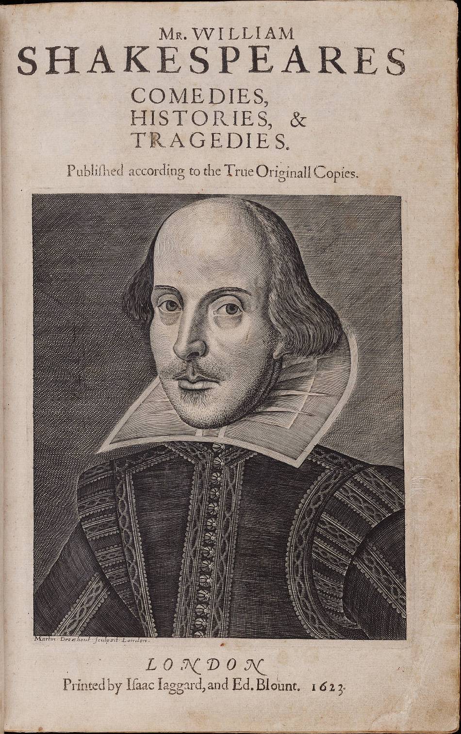 Shakespeare folio with the Droeshout portrait on the front.