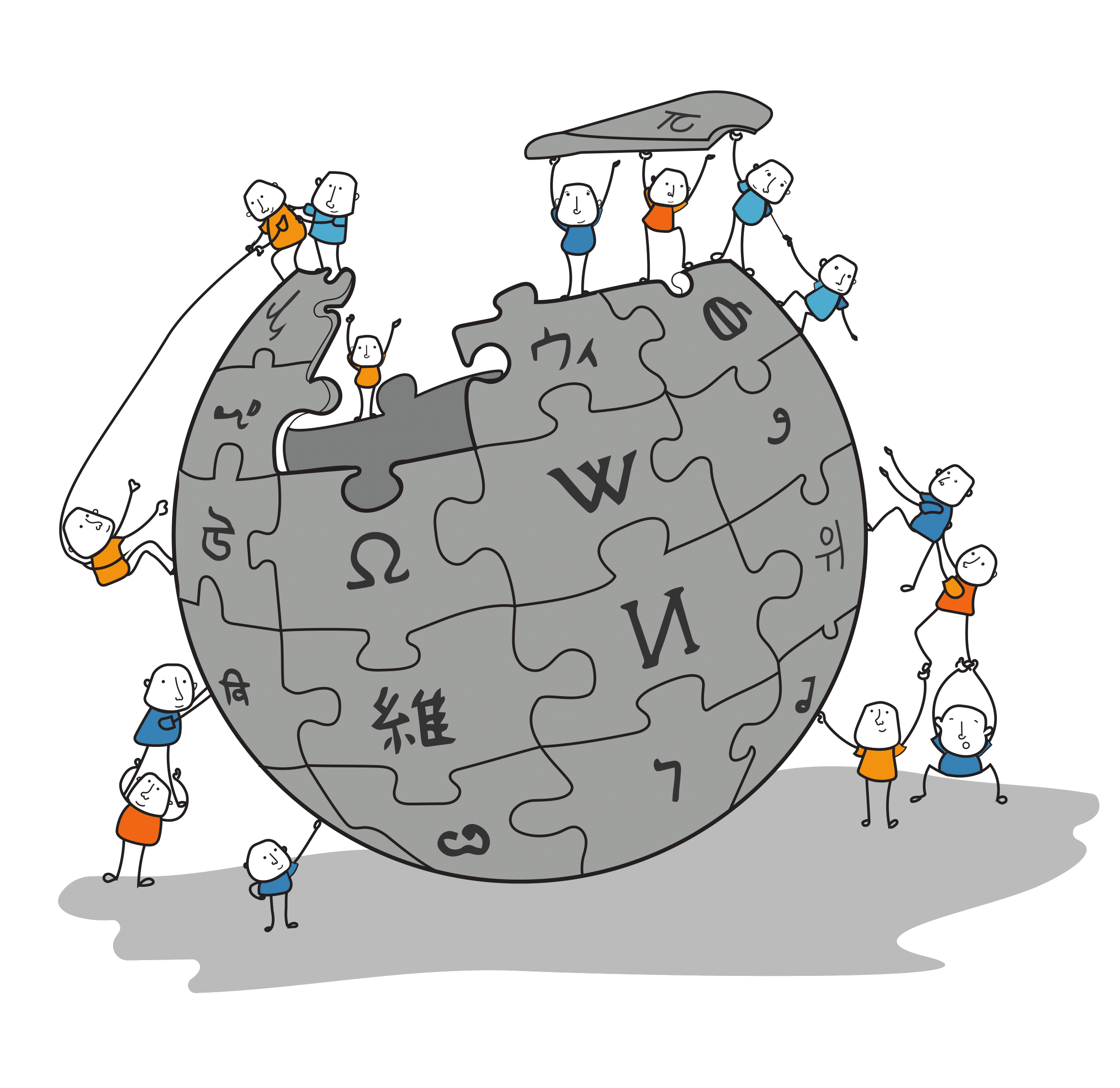 Cartoon of people working to construct a Wikipedia globe