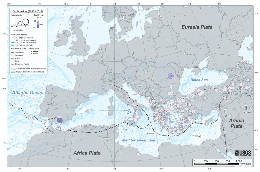 Earthquakes M5.5+ (1900-2016) Mediterranean