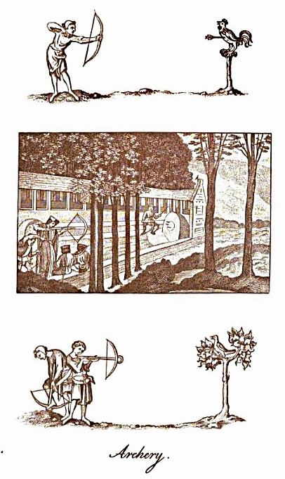Panels depicting Archery in England from Joseph Strutt's 1801 book, The sports and pastimes of the people of England from the earliest period. The date of the top image is unknown; the middle image is from 1496 and the bottom panel is circa fourteenth century.