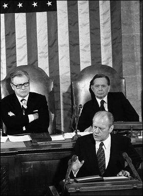 Speaker Albert (seated at right) behind President Gerald Ford during the 1975 State of the Union