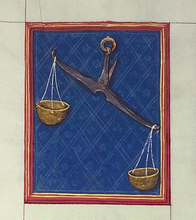 La Balance. Livre du Destin de Heidelberg (1491). Bibliothèque de l'Université de Heidelberg, cod. Pal. germ. 832, fol 95v.