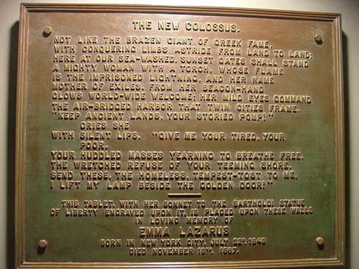 Plaque inside the base of the Statue of Liberty with the sonnet "The New Colossus" by Emma Lazarus. Public Domain.