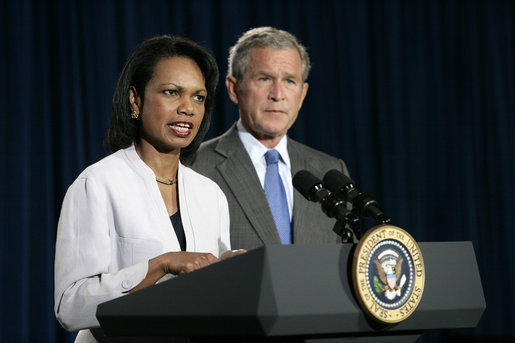 File:Rice answers press questions w Bush August 7 2006.jpg