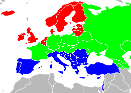 De drie regio's voor de competitie: Noord (rood); Centraal/oost (groen) en Zuid/mediterraan (blauw)