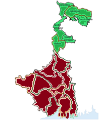 Map of West Bengal showing North Bengal in green and South Bengal in red